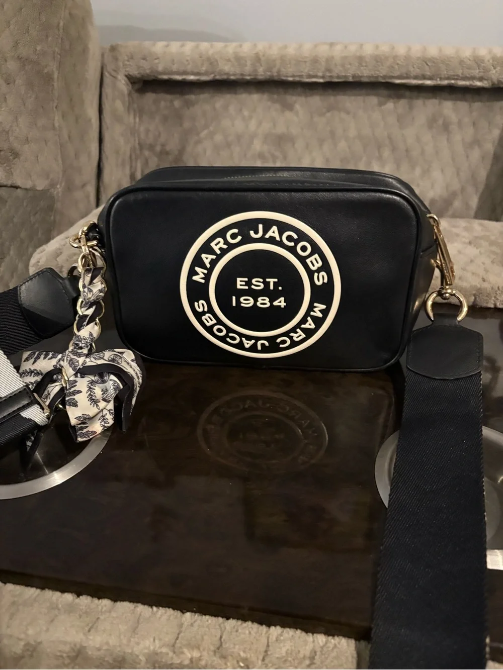Marc Jacobs Black Leather Logo Camera Bag with Gold Hardware